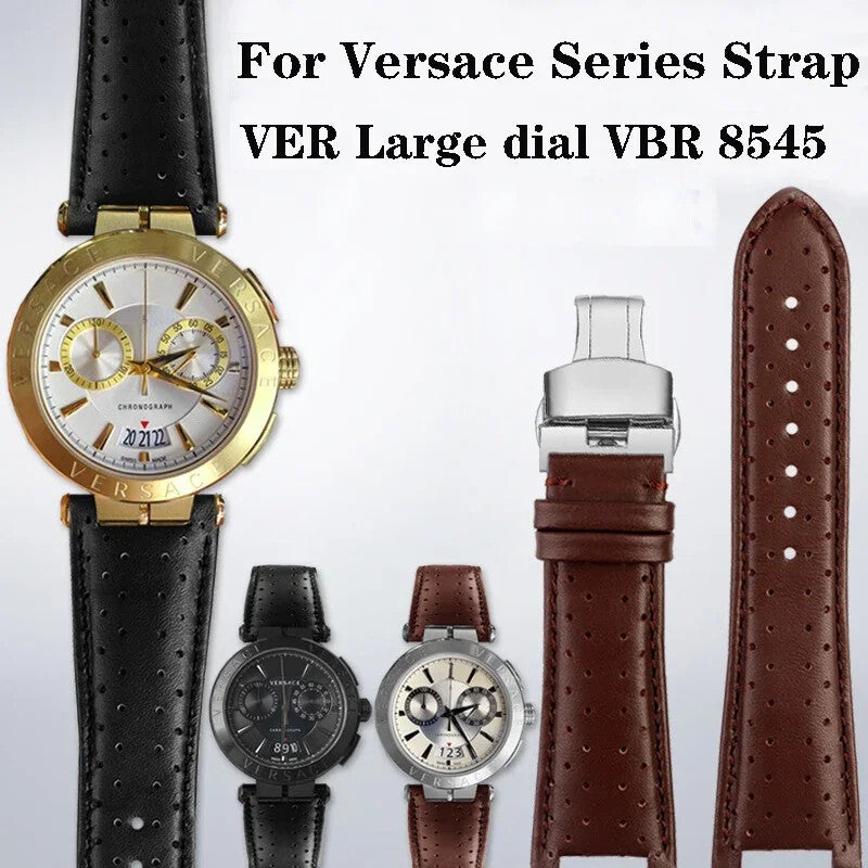 Genuine Leather Watch Strap for Versace VBR8545 26mm Black Convex Calfskin Band