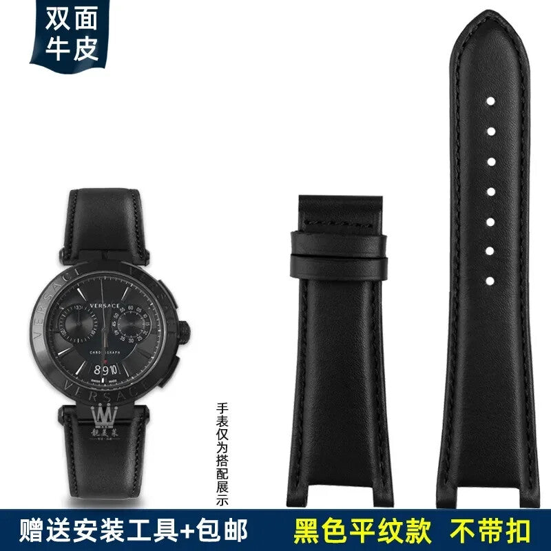Genuine Leather Watch Strap for Versace VBR8545 26mm Black Convex Calfskin Band
