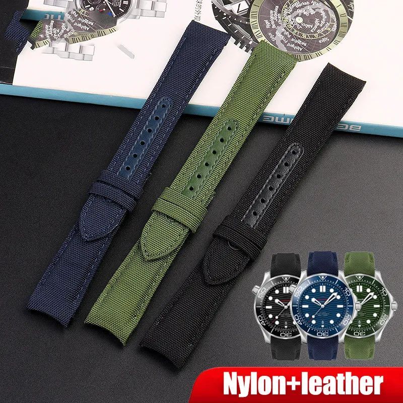 Nylon Genuine Leather Watch Strap Fit For Omega 300 Diver Curved End Watch Band