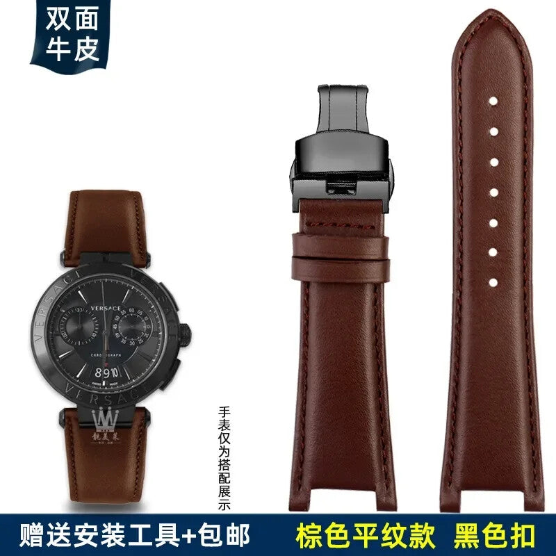 Genuine Leather Watch Strap for Versace VBR8545 26mm Black Convex Calfskin Band