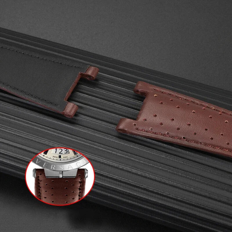 Genuine Leather Watch Strap for Versace VBR8545 26mm Black Convex Calfskin Band