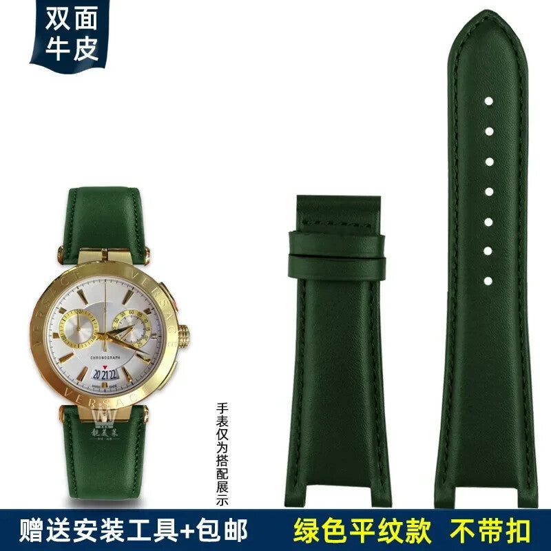 Genuine Leather Watch Strap for Versace VBR8545 26mm Black Convex Calfskin Band