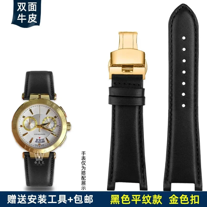 Genuine Leather Watch Strap for Versace VBR8545 26mm Black Convex Calfskin Band