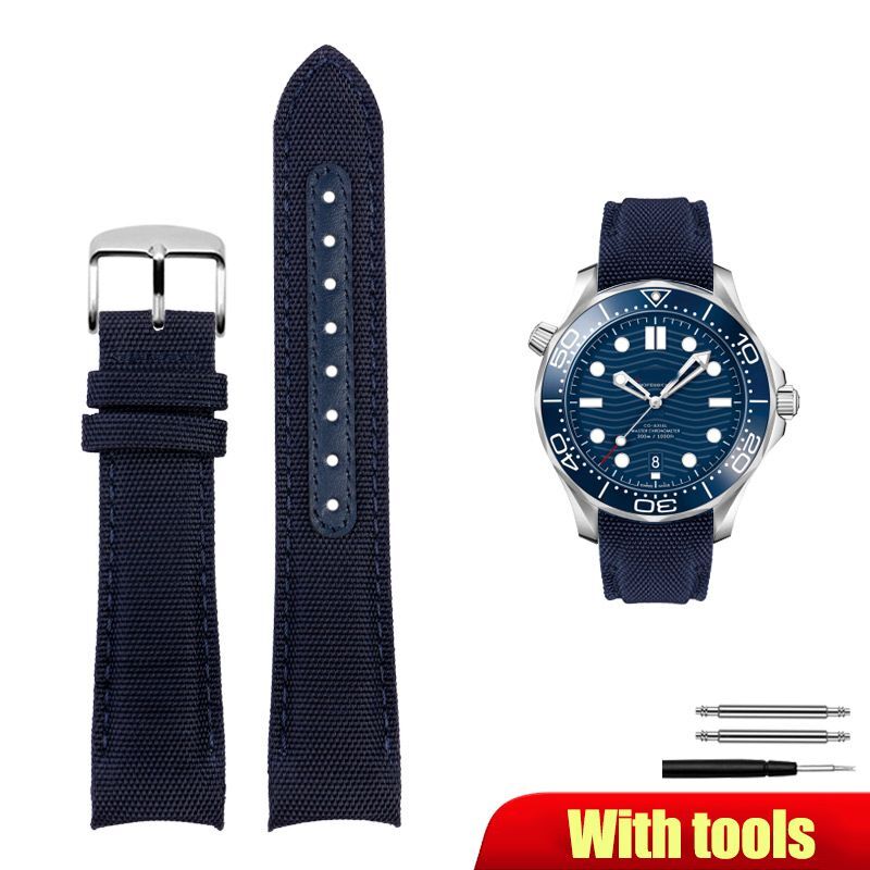 Nylon Genuine Leather Watch Strap Fit For Omega 300 Diver Curved End Watch Band