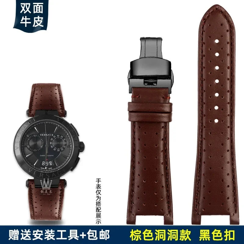 Genuine Leather Watch Strap for Versace VBR8545 26mm Black Convex Calfskin Band