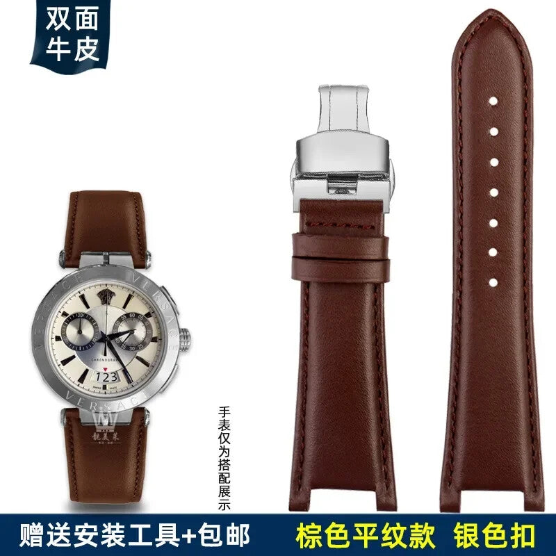 Genuine Leather Watch Strap for Versace VBR8545 26mm Black Convex Calfskin Band