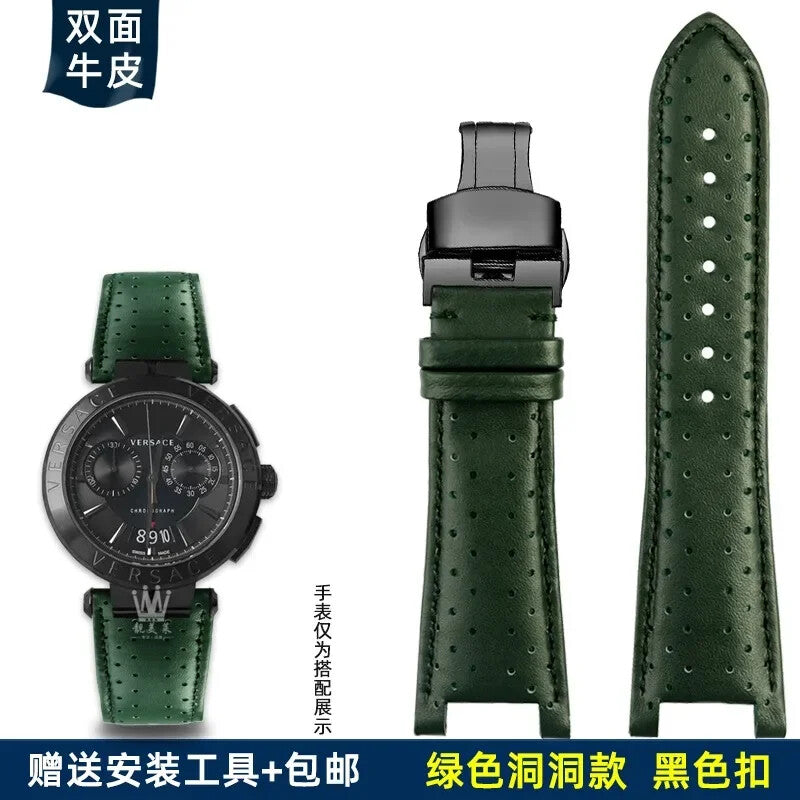 Genuine Leather Watch Strap for Versace VBR8545 26mm Black Convex Calfskin Band