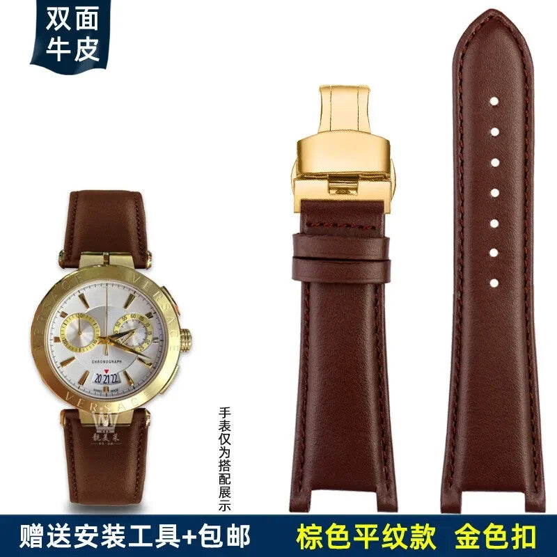 Genuine Leather Watch Strap for Versace VBR8545 26mm Black Convex Calfskin Band