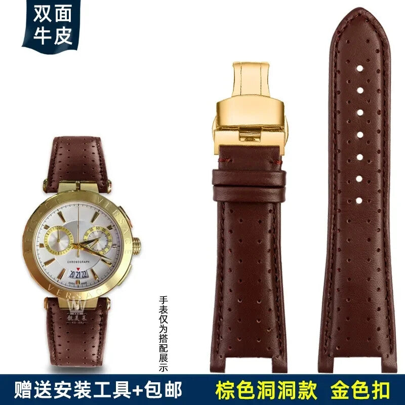 Genuine Leather Watch Strap for Versace VBR8545 26mm Black Convex Calfskin Band