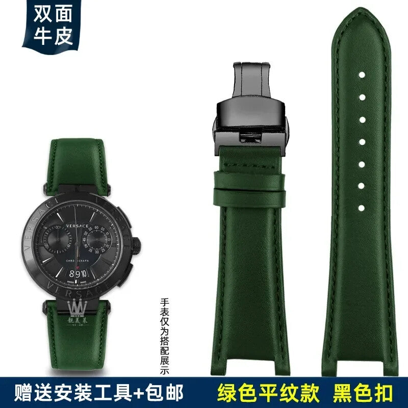 Genuine Leather Watch Strap for Versace VBR8545 26mm Black Convex Calfskin Band