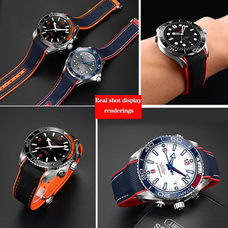 Rubber Silicone Nylon Watch Strap for Omega Seamaster 300 20 22mm Back Blue Band