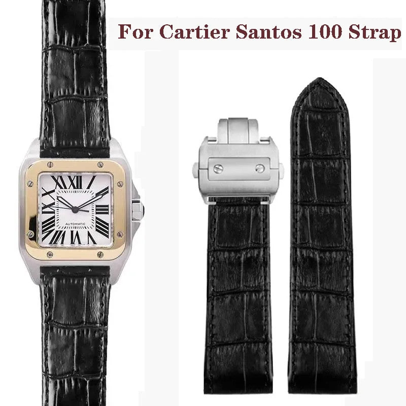 Genuine Leather Watchband Fit For Cartier Santos 100 Folding Buckle Watch Strap