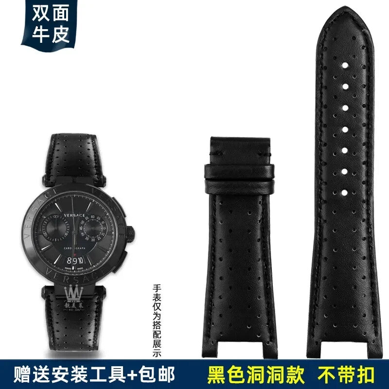 Genuine Leather Watch Strap for Versace VBR8545 26mm Black Convex Calfskin Band