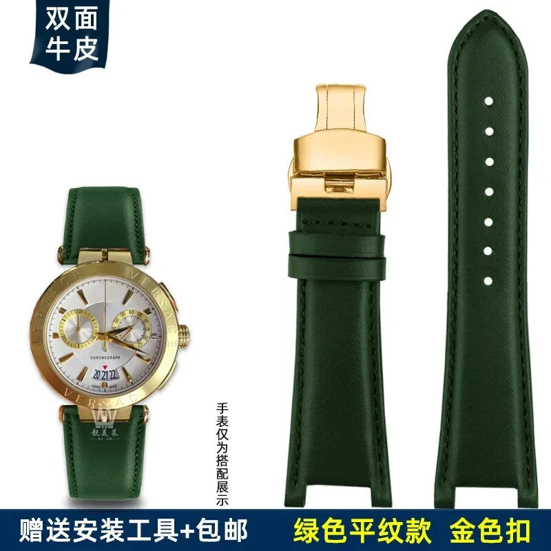 Genuine Leather Watch Strap for Versace VBR8545 26mm Black Convex Calfskin Band