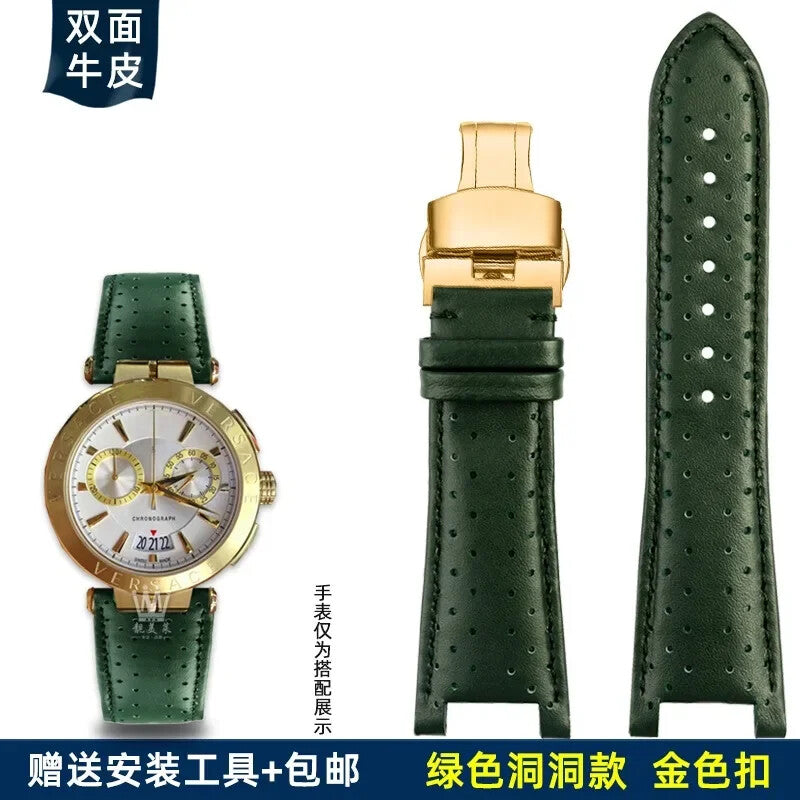 Genuine Leather Watch Strap for Versace VBR8545 26mm Black Convex Calfskin Band