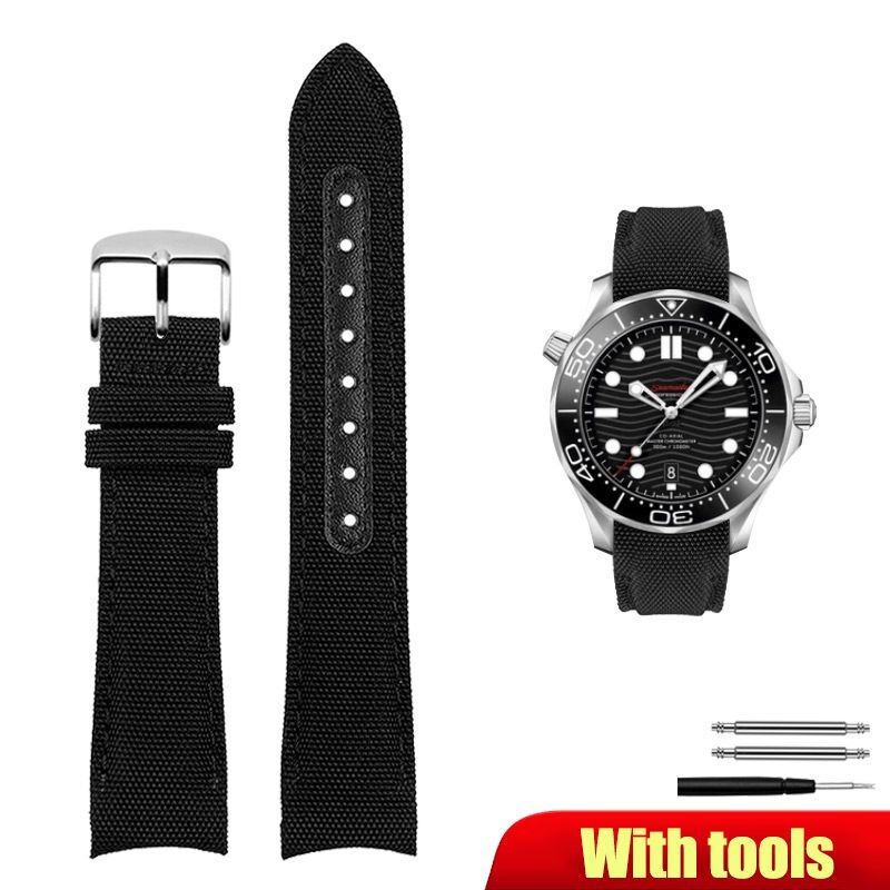 Nylon Genuine Leather Watch Strap Fit For Omega 300 Diver Curved End Watch Band