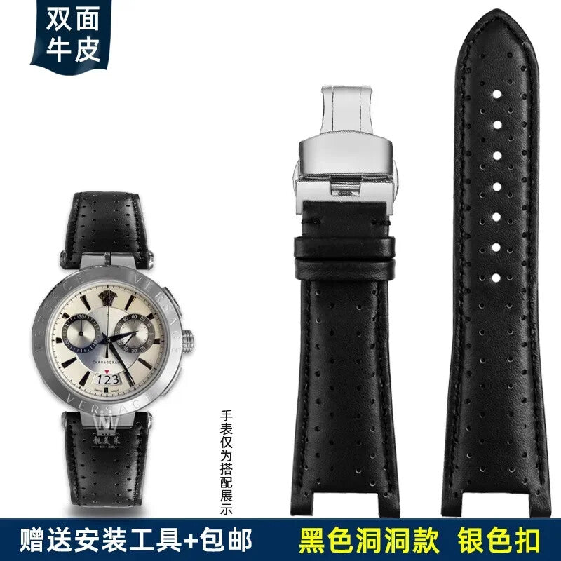 Genuine Leather Watch Strap for Versace VBR8545 26mm Black Convex Calfskin Band