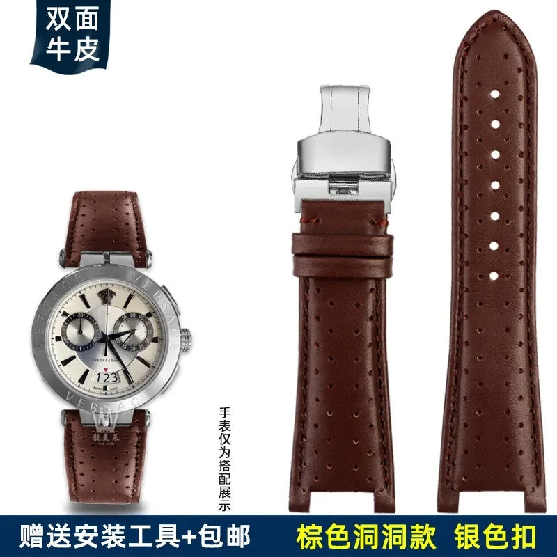 Genuine Leather Watch Strap for Versace VBR8545 26mm Black Convex Calfskin Band