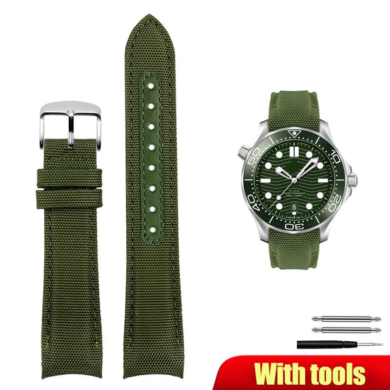 Nylon Genuine Leather Watch Strap Fit For Omega 300 Diver Curved End Watch Band