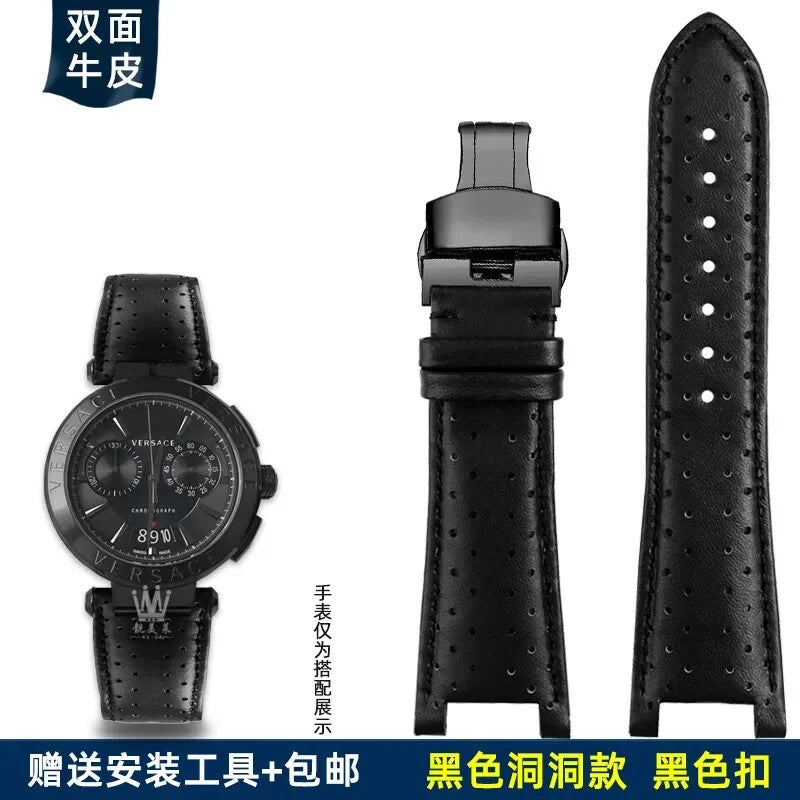 Genuine Leather Watch Strap for Versace VBR8545 26mm Black Convex Calfskin Band