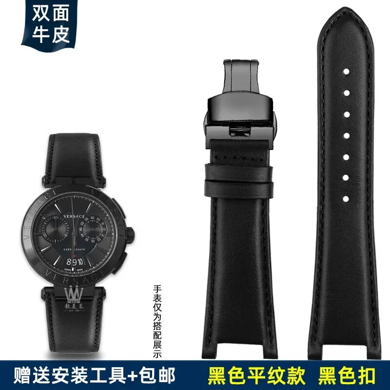 Genuine Leather Watch Strap for Versace VBR8545 26mm Black Convex Calfskin Band