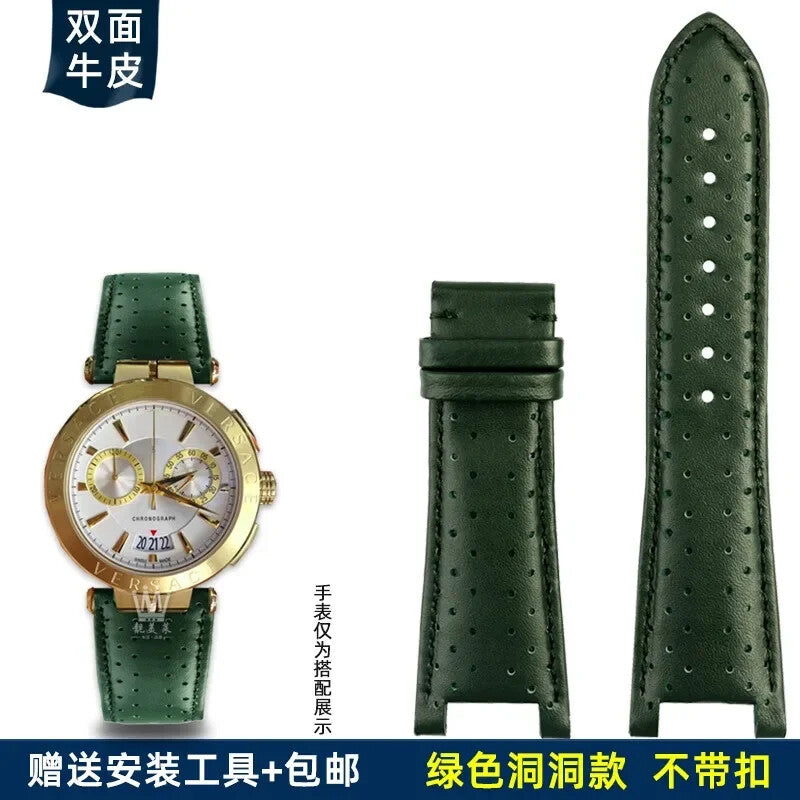 Genuine Leather Watch Strap for Versace VBR8545 26mm Black Convex Calfskin Band
