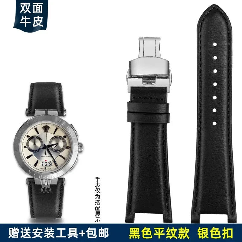 Genuine Leather Watch Strap for Versace VBR8545 26mm Black Convex Calfskin Band