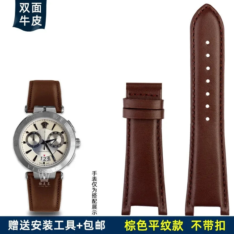 Genuine Leather Watch Strap for Versace VBR8545 26mm Black Convex Calfskin Band