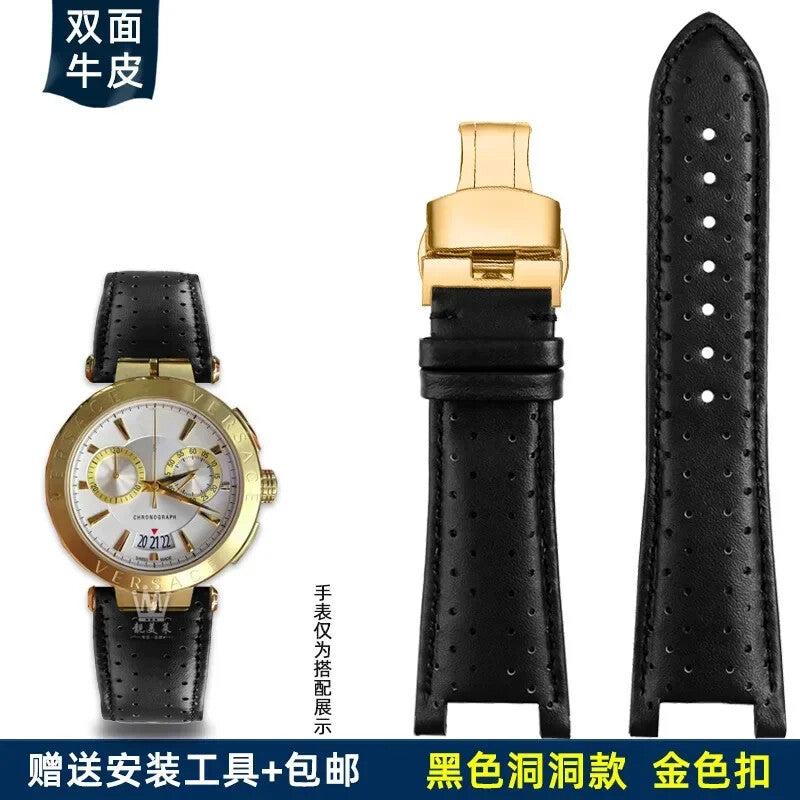 Genuine Leather Watch Strap for Versace VBR8545 26mm Black Convex Calfskin Band